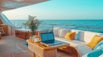 Fototapeta premium Remote business meeting setup on modern yacht deck, laptop and coffee, ocean view, bright daylight