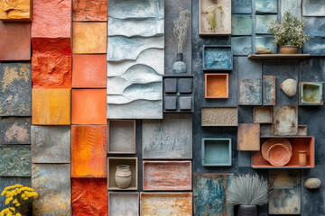 Colorful tiles and vases on a wall.