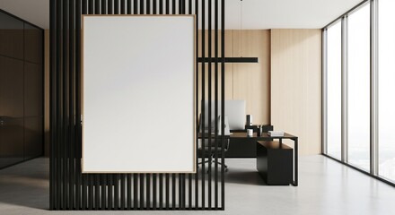  Modern office interior with computer desk, vertical slats and blank poster on wall, bright window view and minimal workspace concept. 3D Rendering 