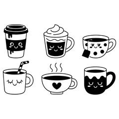 Cute Kawaii Coffee and Tea Icons Vector Set of Smiling Mugs Cups and Takeout Drinks

