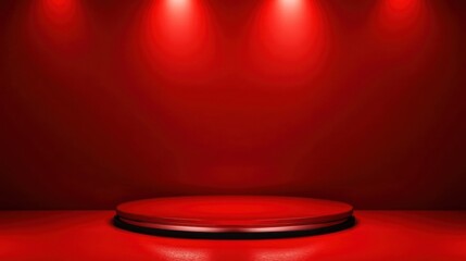 Red circular platform against a red wall, illuminated by spotlights.