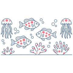 Minimal Line Art Sea Life Hand Drawn Fish and Jellyfish Underwater Illustration

