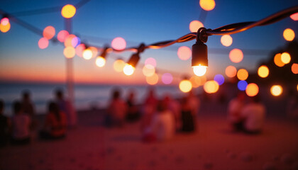 Colorful string lights glowing at beach party during sunset  