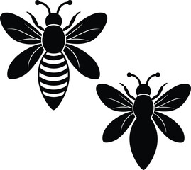 Vector Illustration of Two Honey Bees Black and White Silhouette Design