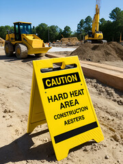 A bright yellow caution sign warns about a hard hat area near a construction site, with workers in the background and equipment visible.