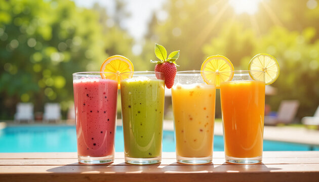 Colorful fruit smoothies displayed in glasses by the poolside  
