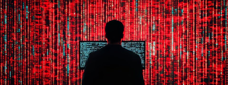 Silhouette of hacker at computer with streaming code, red and blue lighting, cybersecurity threat concept - Powered by Adobe