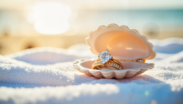 Diamond engagement ring in pink shell on sandy beach background  