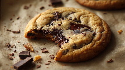 Half-eaten chocolate cookie with a gooey center, sprinkled with sea salt