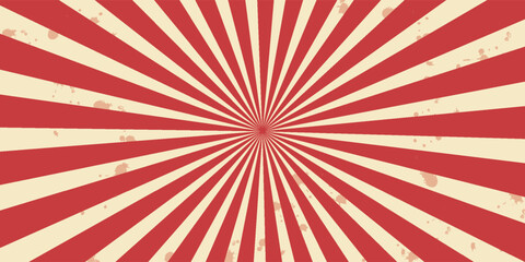 Circus background and spiral retro rays vector pattern. Vintage poster of red white sun or star burst radial lines with grunge texture, circus, carnival, summer fair or chapiteau backdrop