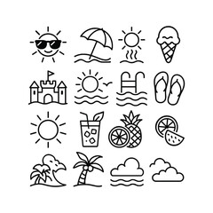 Summer Vibes Vector illustration Icon Set | Editable Outline Style | Beach, Sun, Ice Cream, Pool Party, Tropical Fruits, Flip Flops Icons