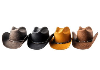 Four cowboy hats in different colors,  arranged in a horizontal row