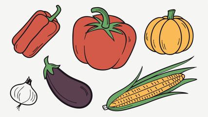 Hand drawn vegetables in colorful outlines for various design projects featuring transparency