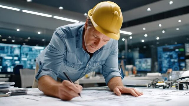 Architect at Work: A skilled architect is meticulously engrossed in the intricacies of a blueprint, a scene that highlights the meticulous nature of design.