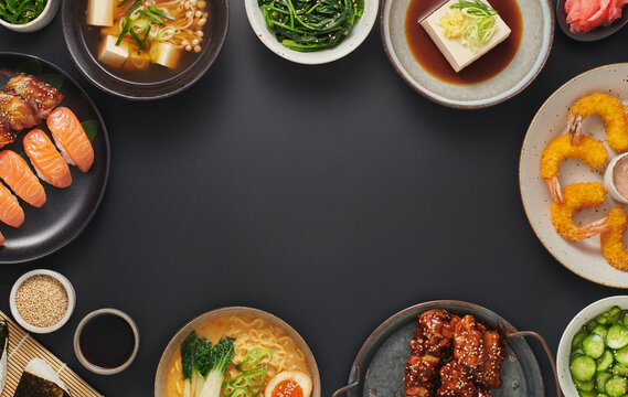 Japanese food background, a set of assorted dishes top view flat lay