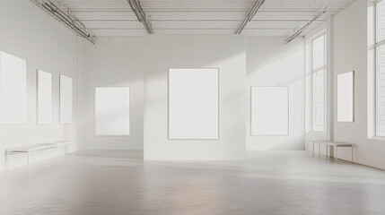 Minimalist White Gallery Interior with Empty Frames and Natural Light