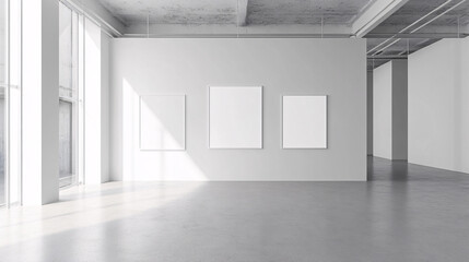 Minimalist Gallery Interior with Blank Frames and Sunlight