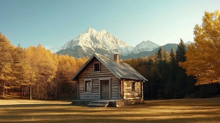 A rustic log cabin nestled in an autumnal forest with majestic snow-capped mountains in the background.