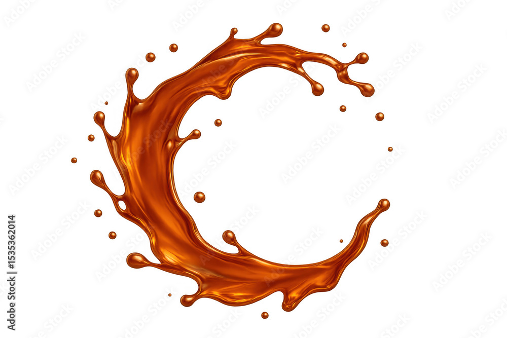 Poster liquid caramel splashing into circular motion, arching high with golden-brown translucent droplets a