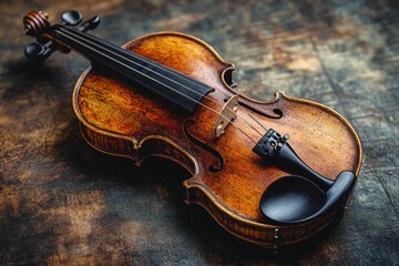 Fototapeta premium Violin resting on wood surface.