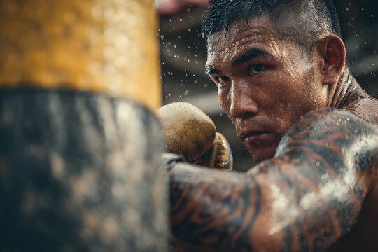Boxer with boxing gloves training in gym - Powered by Adobe