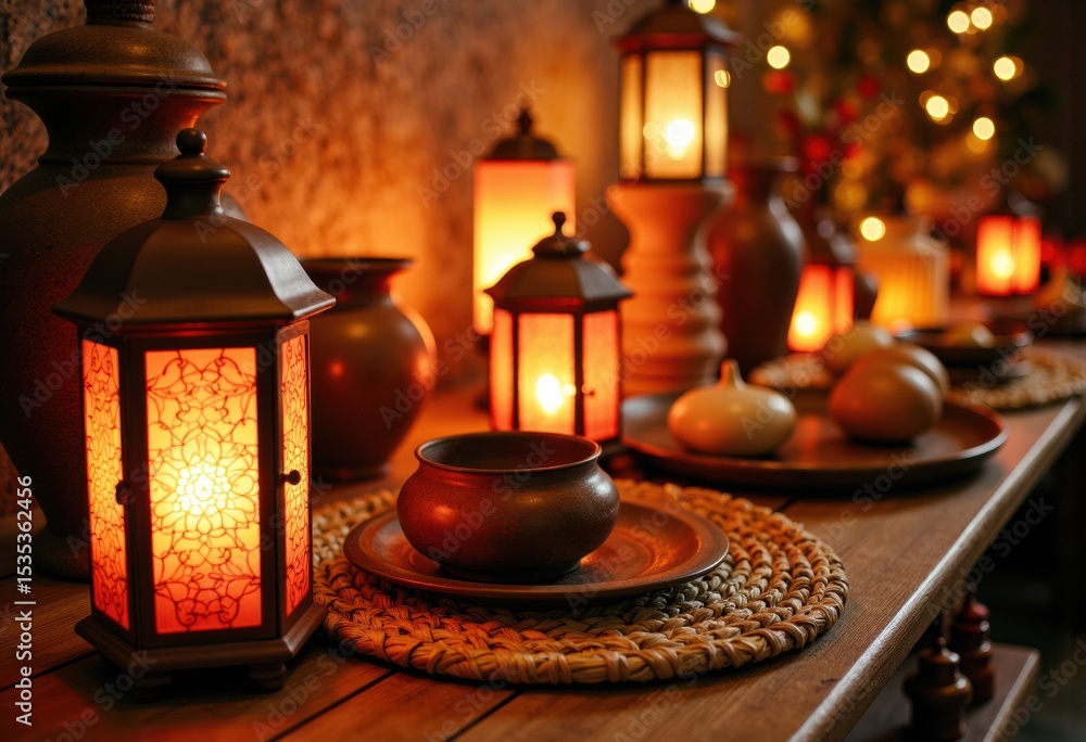 Aufkleber warm and inviting table setting with decorative lanterns and pottery