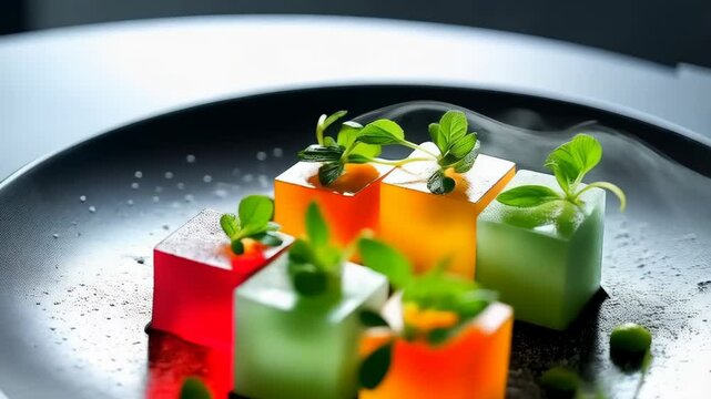 Molecular cuisine. Creative serving of dessert with colored gelatin and fresh herbs in a smoky presentation