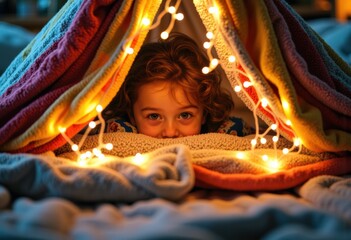 A child peeking out from a cozy blanket fort illuminated by fairy lights