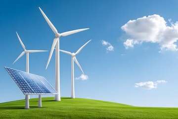 Obraz premium Energy panels and windmills with blue sky. Green power concept