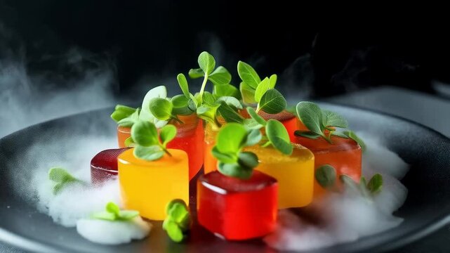 Molecular cuisine. Creative serving of dessert with colored gelatin and fresh herbs in a smoky presentation