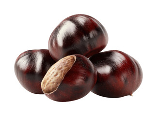 Obraz premium Close-up of shiny whole and split chestnuts isolated on white background