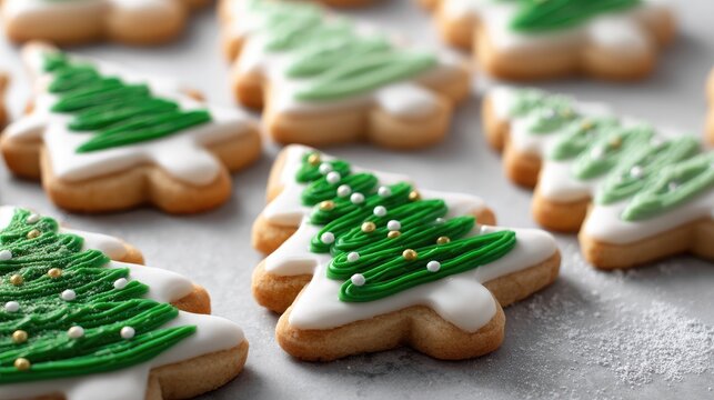 Christmas tree-shaped cookies decorated with green icing and sprinkles.