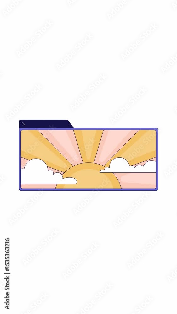 Poster sunrise with clouds in popup web window floating 2d cartoon vertical animation. positivity, digital 