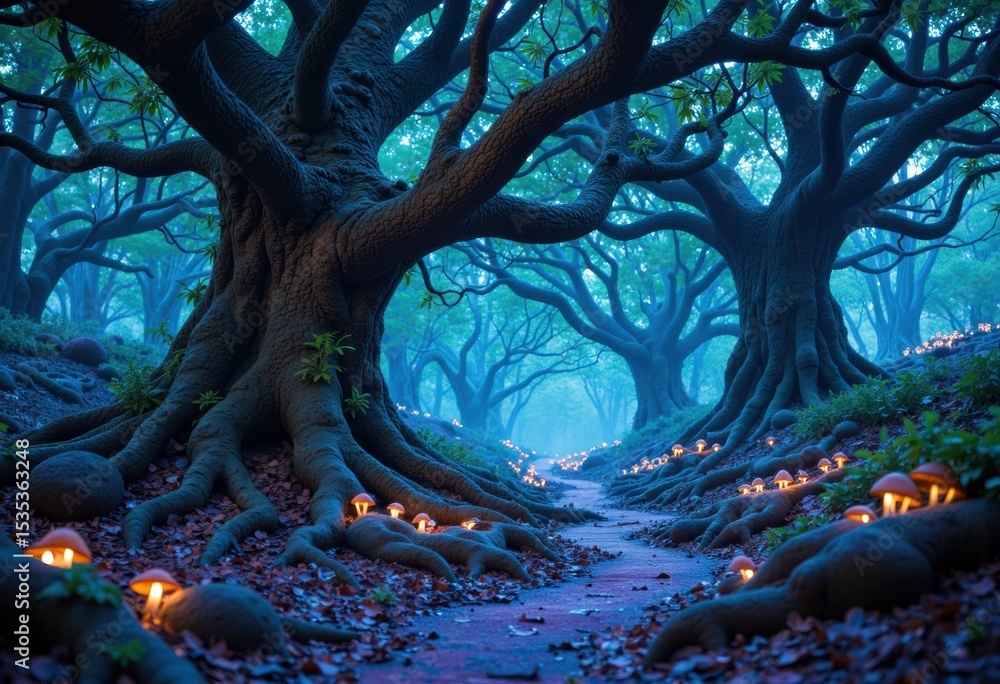Poster enchanted forest path illuminated by glowing mushrooms and ancient trees