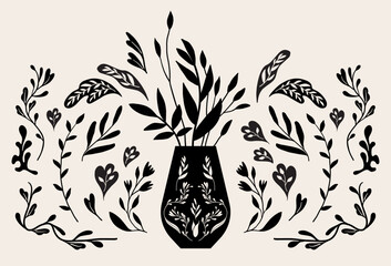 Folk art style, houseplants, flower vase, vector illustration