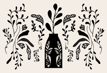 Folk art style, houseplants, flower vase, vector illustration