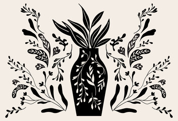 Folk art style, houseplants, flower vase, vector illustration
