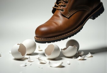 A brown boot crushing white eggshells on a clean surface