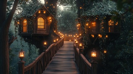 Enchanting treehouses connected by a wooden bridge adorned with glowing lanterns
