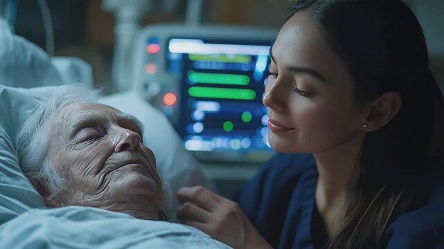 Kindred Spirits in Gentle Embrace: A tender moment shared in a hospital setting between a caregiver and an elderly patient, showcasing the compassion and empathy in healthcare.
