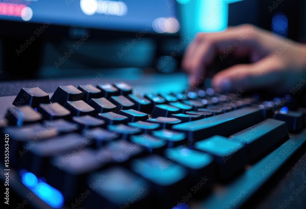 Poster close-up of a person's hand typing on a backlit computer keyboard in a dark environment