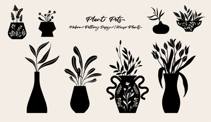 Houseplants, silhouette illustration. Isolated vector graphic. Folk art style design.