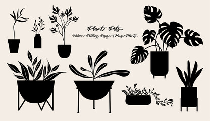 Houseplants, silhouette illustration. Isolated vector graphic. Folk art style design.
