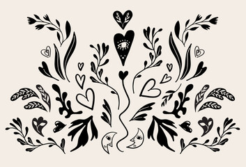 Abstract doodle heart illustration. Folk art style Valentines day hearts, flower and plants. Isolated vector objects.