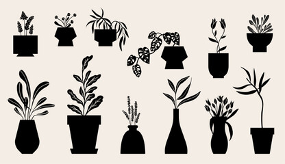 Houseplants, silhouette illustration. Isolated vector graphic. Folk art style design.