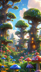 Fototapeta premium Enchanting landscape of whimsical mushroom houses and magical trees.
