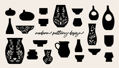 Modern design pottery illustration. Isolated vector, silhouette graphic, flowerpot, plant pot, interior decor.