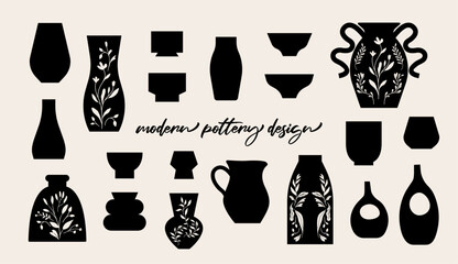 Modern design pottery illustration. Isolated vector, silhouette graphic, flowerpot, plant pot, interior decor.