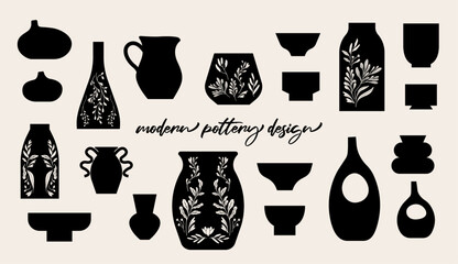 Modern design pottery illustration. Isolated vector, silhouette graphic, flowerpot, plant pot, interior decor.