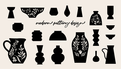 Modern design pottery illustration. Isolated vector, silhouette graphic, flowerpot, plant pot, interior decor.